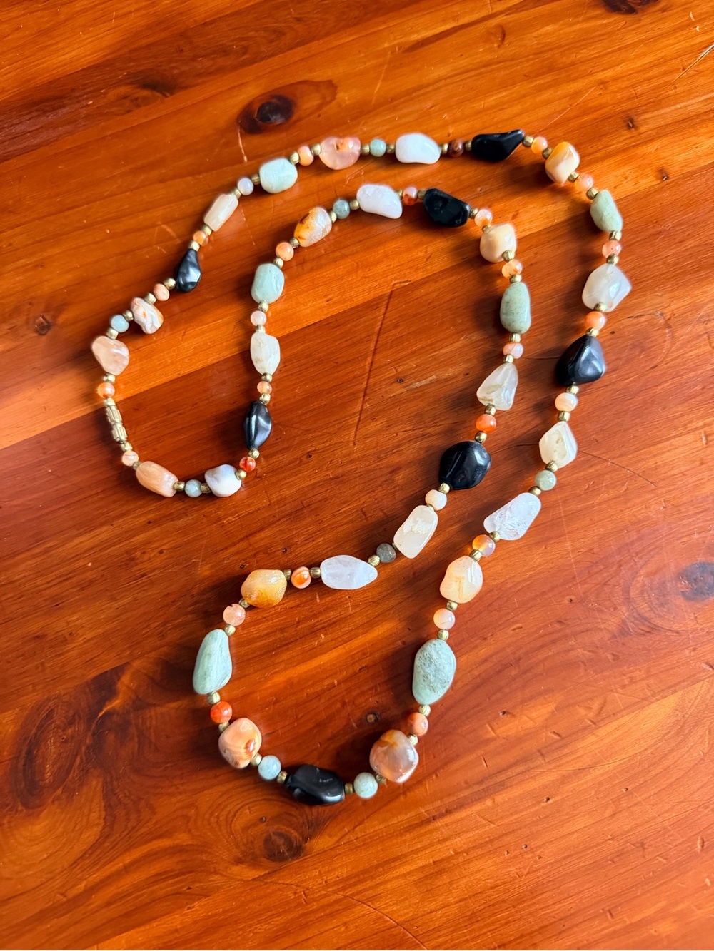 Vintage 36” Tumbled Multi-Gemstone Beggar Bead Necklace, Boho Earthy Stone